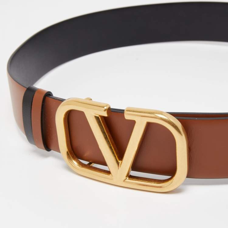 Pre Owned Valentino Black/Tan Leather VLogo Reversible Waist Belt Size 75CM