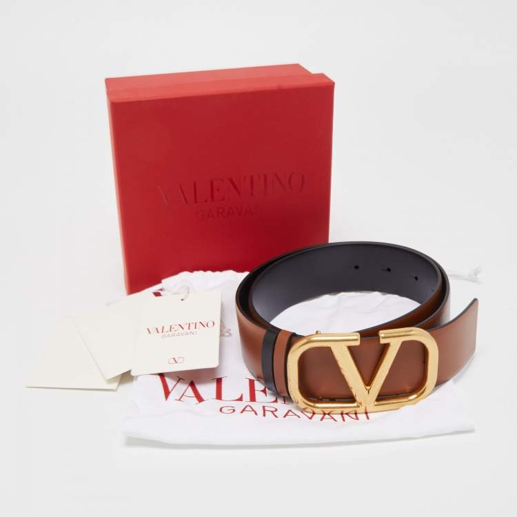 Pre Owned Valentino Black/Tan Leather VLogo Reversible Waist Belt Size 75CM