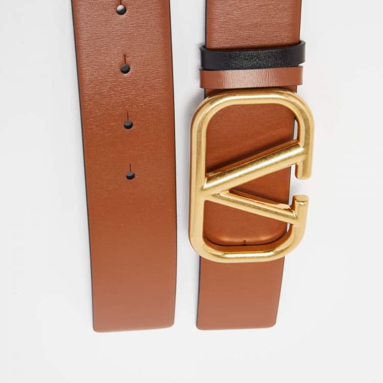 Pre Owned Valentino Black/Tan Leather VLogo Reversible Waist Belt Size 75CM