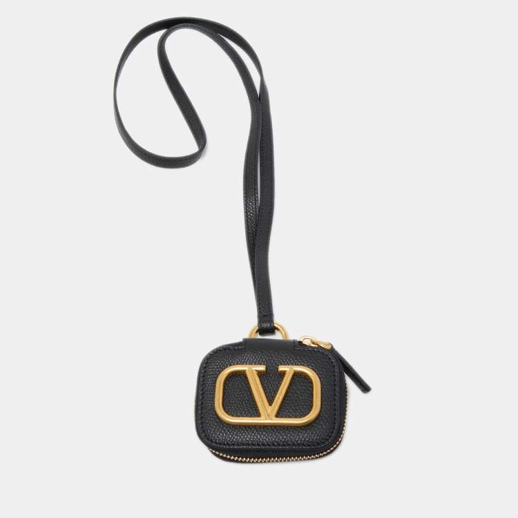 V Logo Leather Air Pods Pro Case in Black - Valentino Garavani
