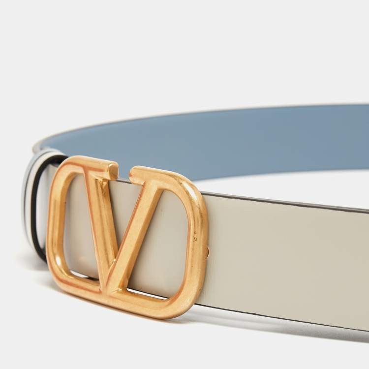 Pre Owned Valentino Blue/Grey Leather VLogo Reversible Belt 80 CM