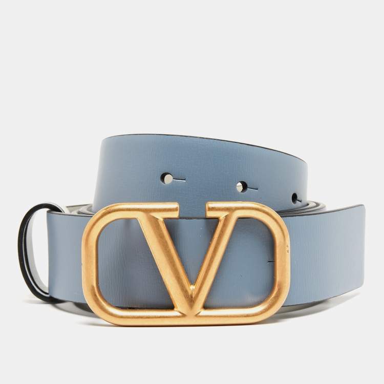 Pre Owned Valentino Blue/Grey Leather VLogo Reversible Belt 80 CM