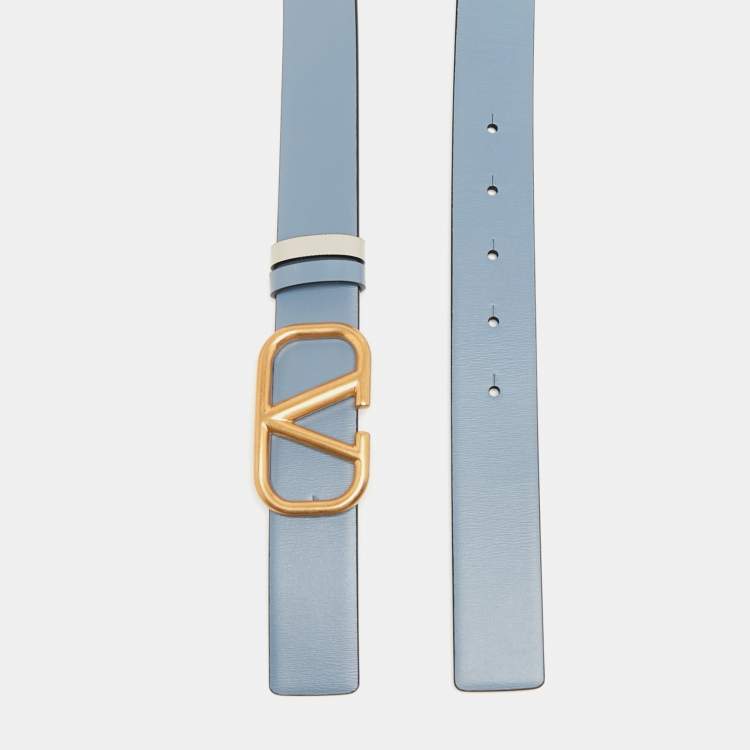 Pre Owned Valentino Blue/Grey Leather VLogo Reversible Belt 80 CM