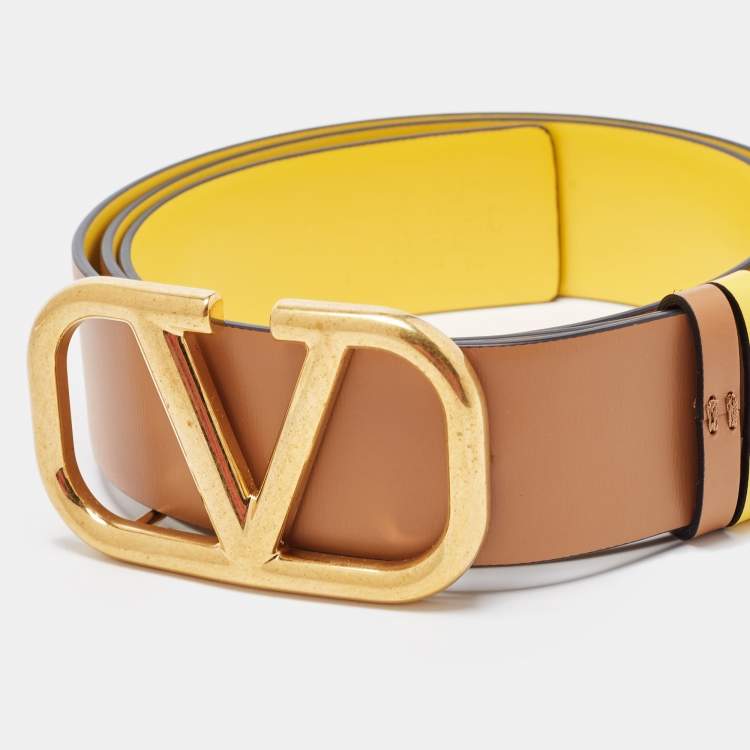 Pre Owned Valentino Yellow/Brown Leather VLogo Reversible Belt 90 CM