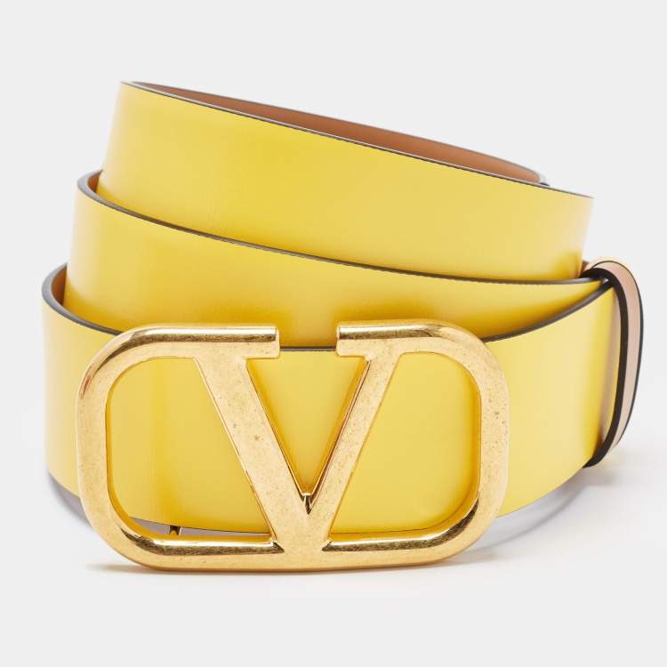 Pre Owned Valentino Yellow/Brown Leather VLogo Reversible Belt 90 CM