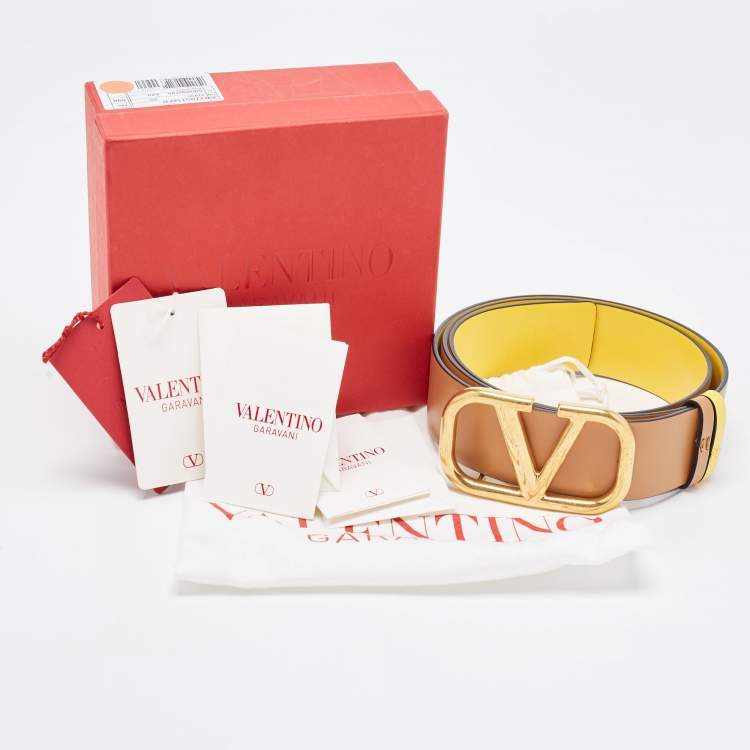 Pre Owned Valentino Yellow/Brown Leather VLogo Reversible Belt 90 CM