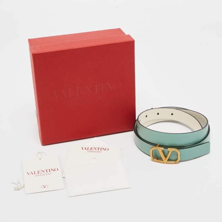 Pre Owned Valentino Mint Green/Cream Leather VLogo Reversible Slim Belt 85 CM