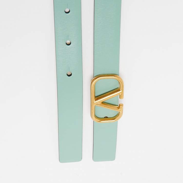 Pre Owned Valentino Mint Green/Cream Leather VLogo Reversible Slim Belt 85 CM