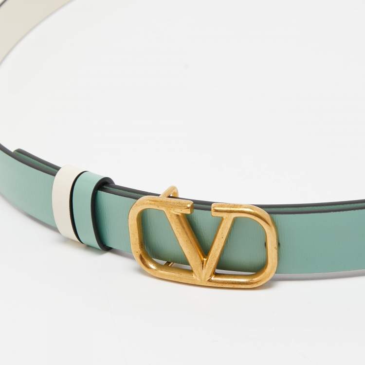 Pre Owned Valentino Mint Green/Cream Leather VLogo Reversible Slim Belt 85 CM