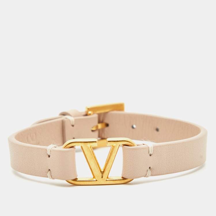 Pre Owned Valentino VLogo Leather Gold Tone Bracelet