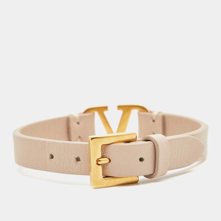 Pre Owned Valentino VLogo Leather Gold Tone Bracelet