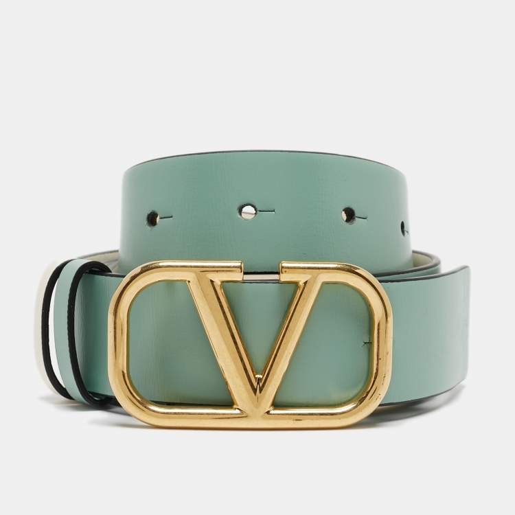 Pre Owned Valentino Mint Green/Cream Leather VLogo Reversible Belt 80 CM