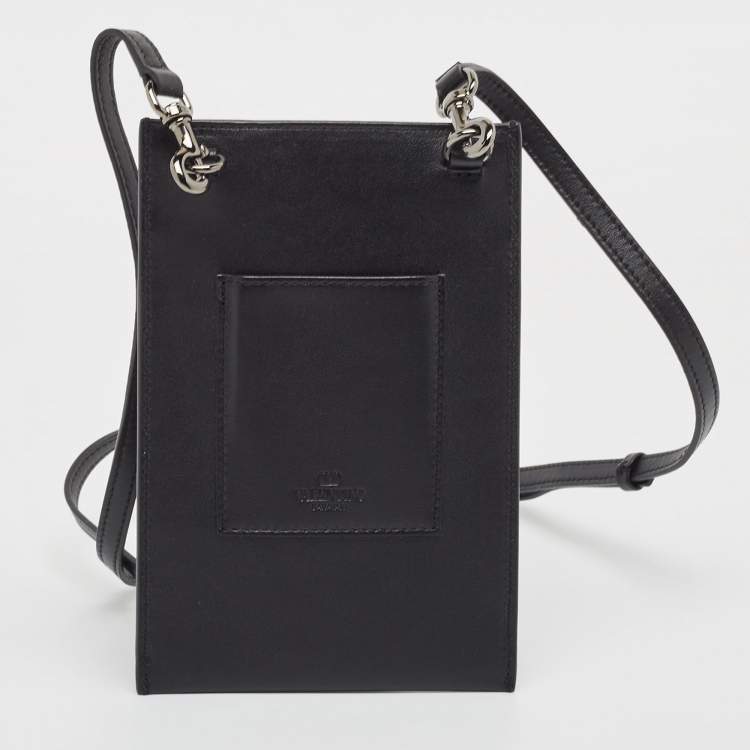Pre Owned Valentino Black Leather Rockstud Phone Crossbody Bag