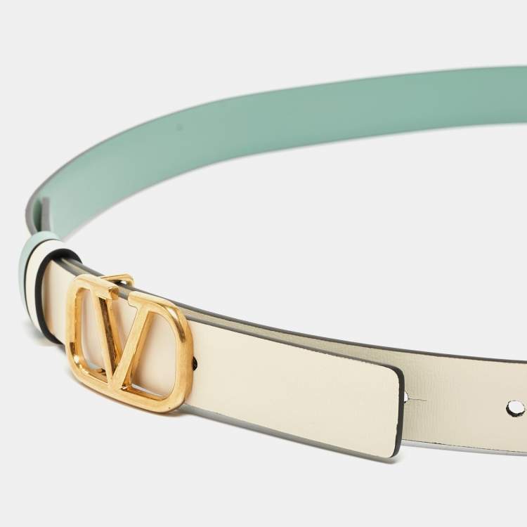Pre Owned Valentino Mint Green/Cream Leather VLogo Reversible Slim Belt 85 CM