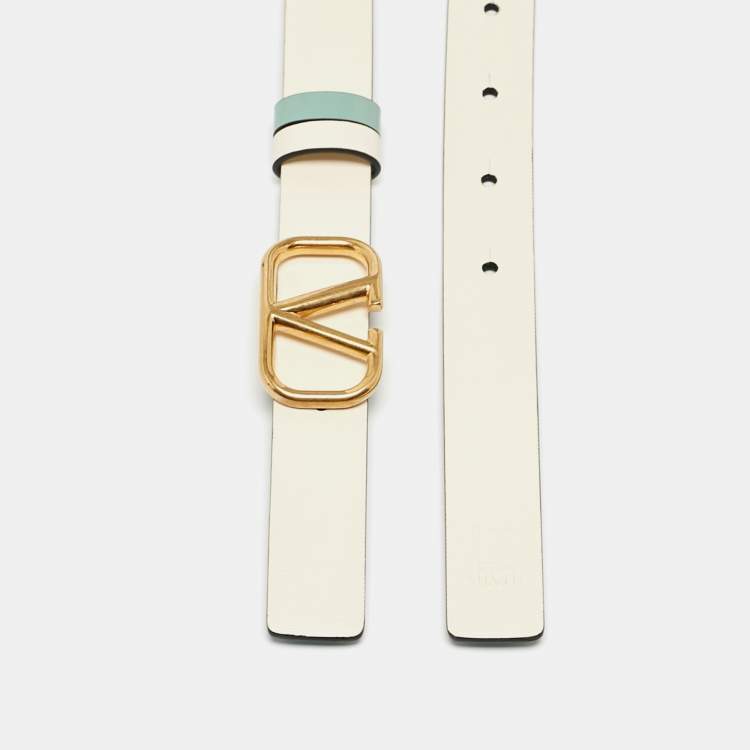 Pre Owned Valentino Mint Green/Cream Leather VLogo Reversible Slim Belt 85 CM