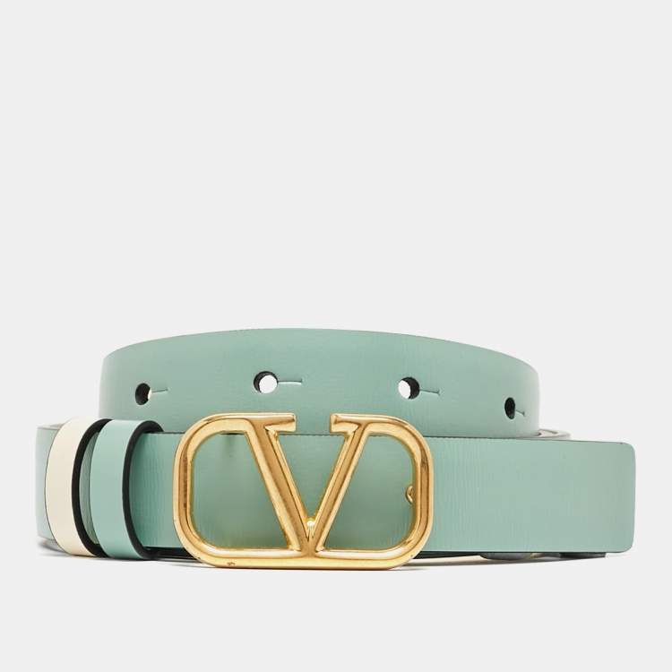 Pre Owned Valentino Mint Green/Cream Leather VLogo Reversible Slim Belt 85 CM