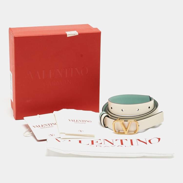 Pre Owned Valentino Mint Green/Cream Leather VLogo Reversible Slim Belt 85 CM