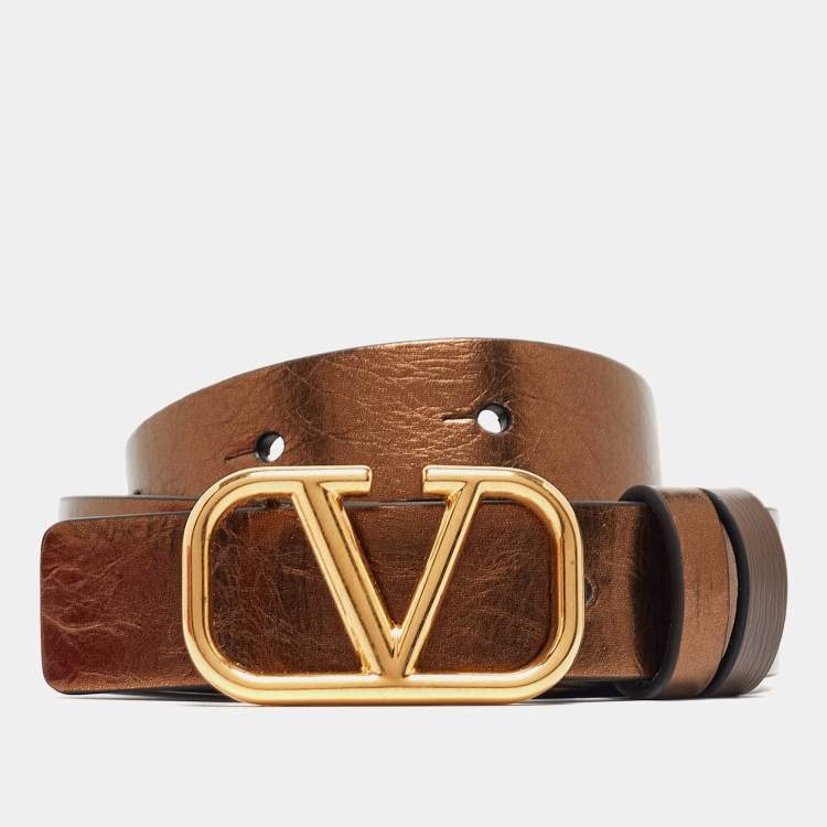 Pre Owned Valentino Metallic/Brown Leather Reversible Narrow V Logo Belt 85CM