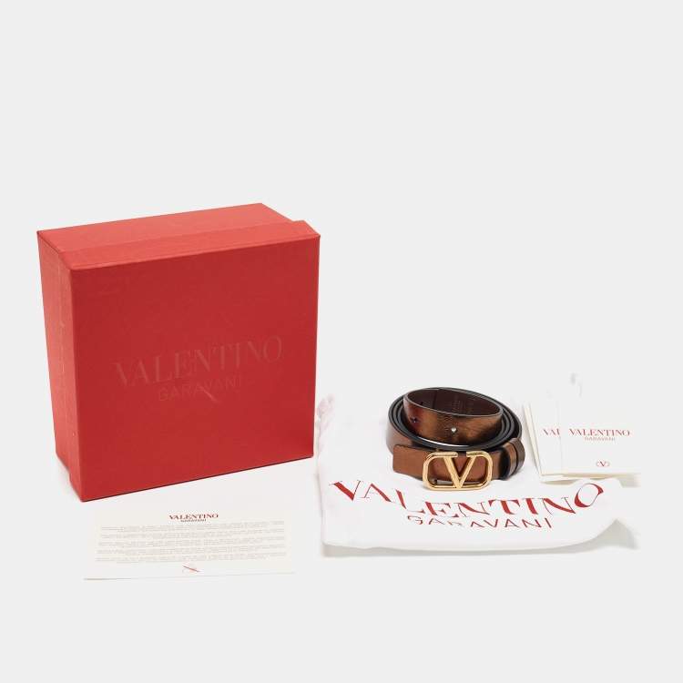 Pre Owned Valentino Metallic/Brown Leather Reversible Narrow V Logo Belt 85CM