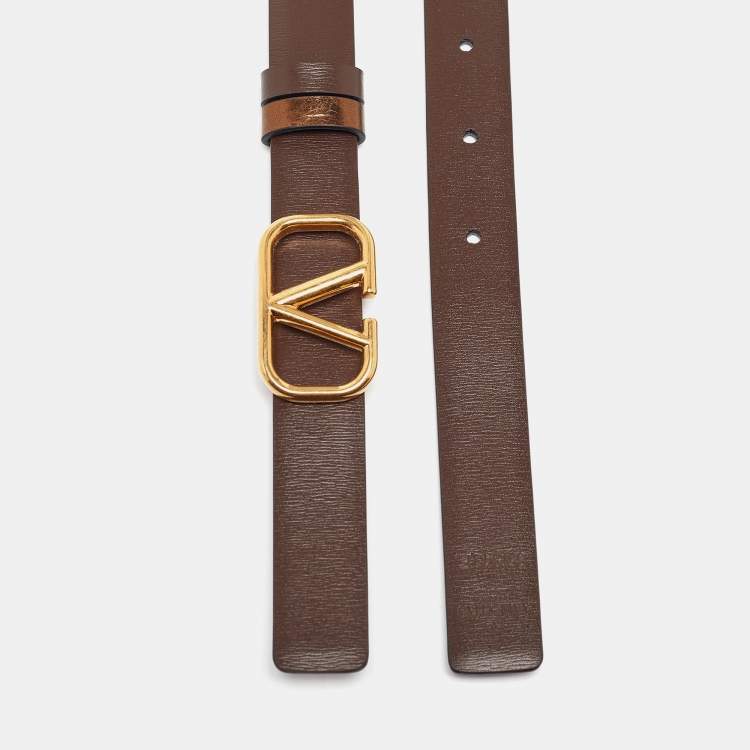 Pre Owned Valentino Metallic/Brown Leather Reversible Narrow V Logo Belt 85CM