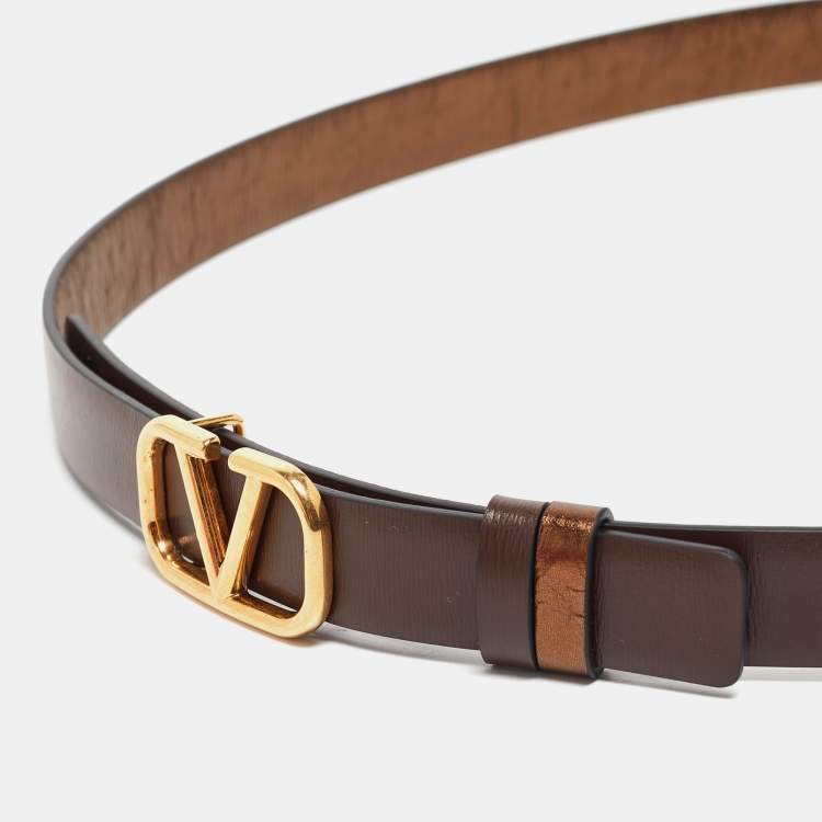 Pre Owned Valentino Metallic/Brown Leather Reversible Narrow V Logo Belt 85CM