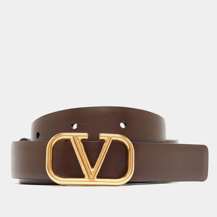 Pre Owned Valentino Metallic/Brown Leather Reversible Narrow V Logo Belt 85CM