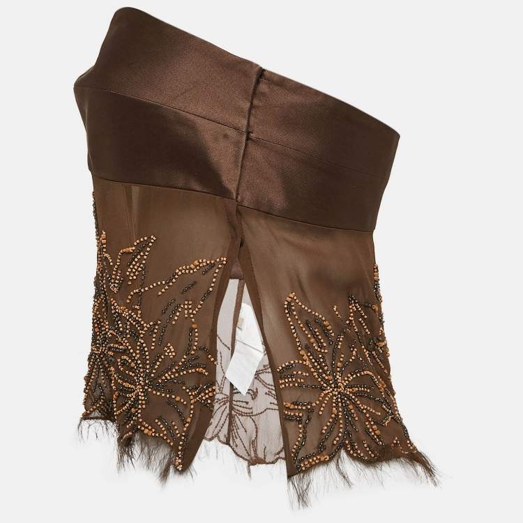 Pre Owned Valentino Brown Embellished Cotton and Silk Strapless Top M