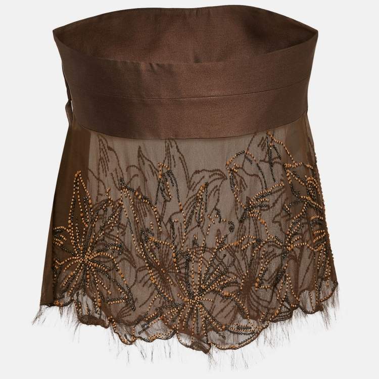 Pre Owned Valentino Brown Embellished Cotton and Silk Strapless Top M