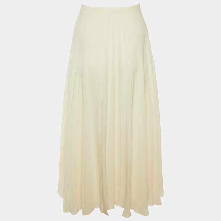 Pre Owned Valentino Cream Silk Pleated Midi Skirt M