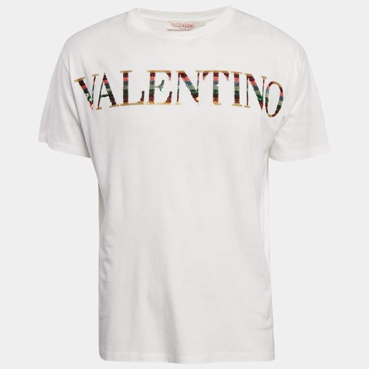 Pre Owned Valentino White Logo Sequin Detail  Jersey T-Shirt M