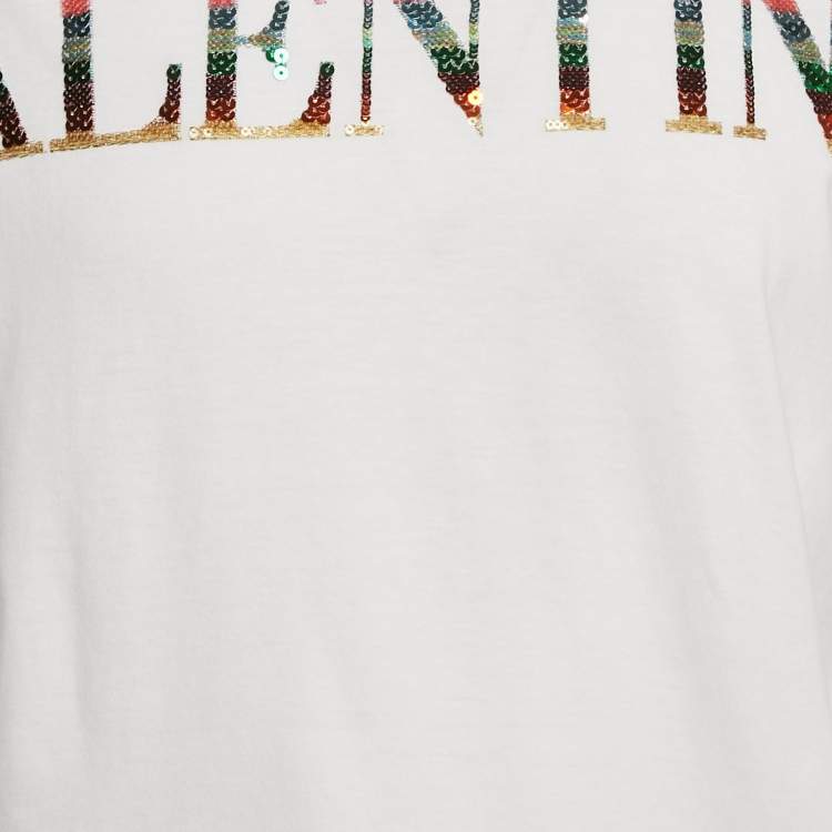 Pre Owned Valentino White Logo Sequin Detail  Jersey T-Shirt M