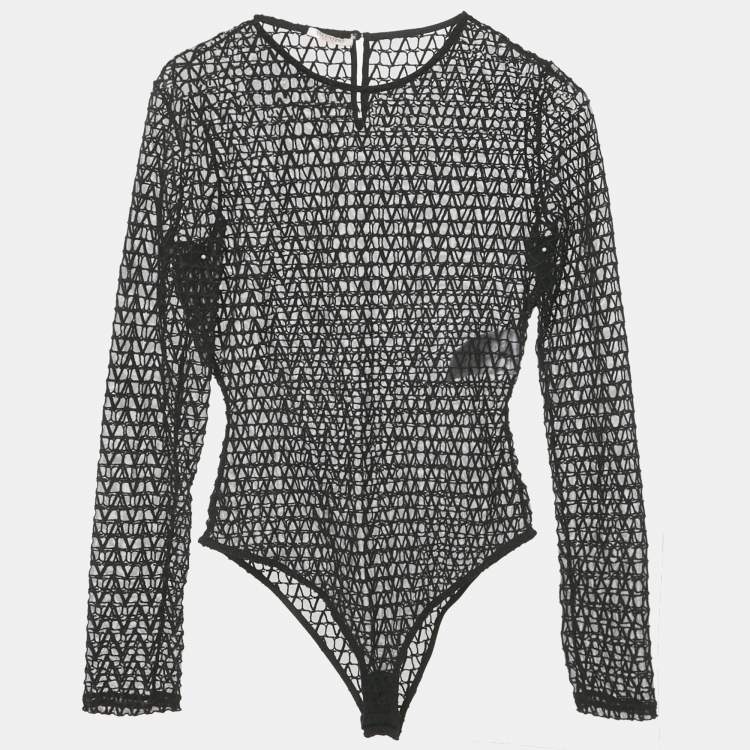 Pre Owned Valentino Black Mesh Toile Iconographe Bodysuit M