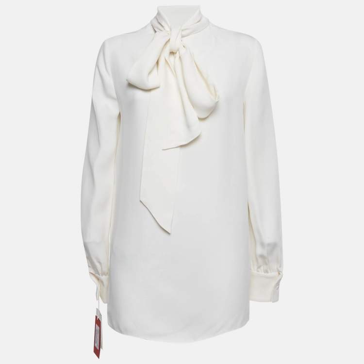Pre Owned Valentino White Silk Blend Tie-Up Neck Detail Blouse M