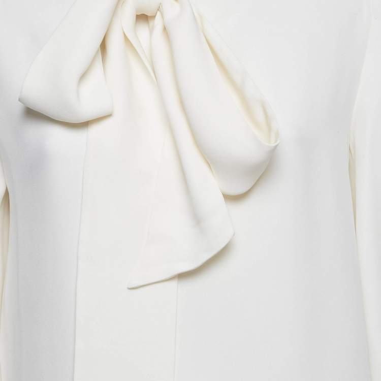 Pre Owned Valentino White Silk Blend Tie-Up Neck Detail Blouse M