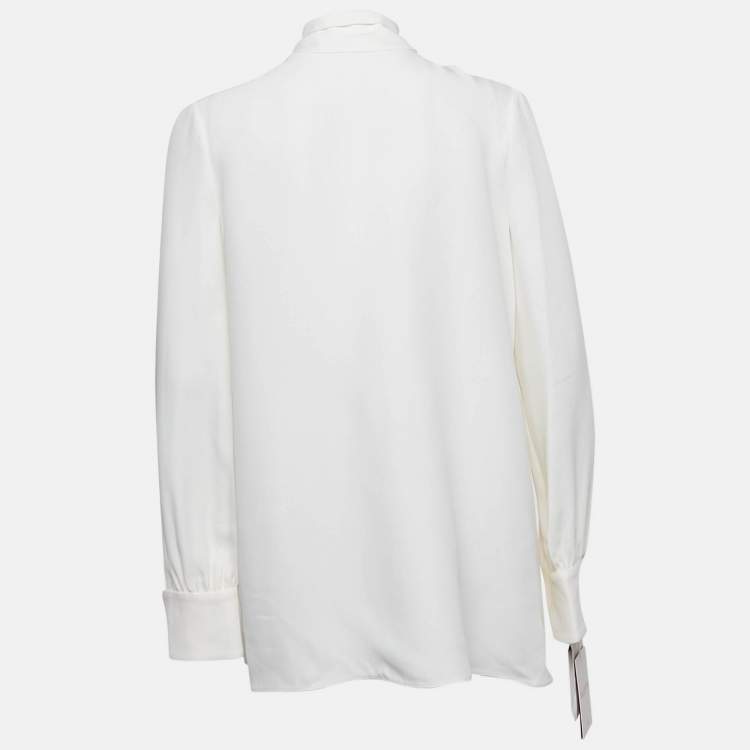 Pre Owned Valentino White Silk Blend Tie-Up Neck Detail Blouse M