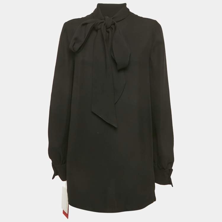 Pre Owned Valentino Black Silk Blend Crepe Tie-Up Neck Detail Top M