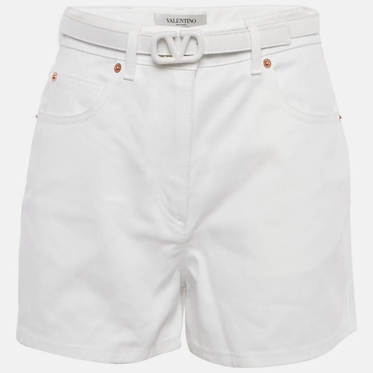 Pre Owned Valentino White Denim Belted Shorts M Waist 28"
