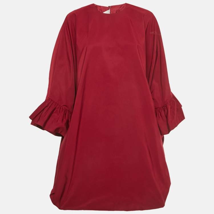 Pre Owned Valentino Red Gabardine Gathered Sleeve Oversized Mini Dress S