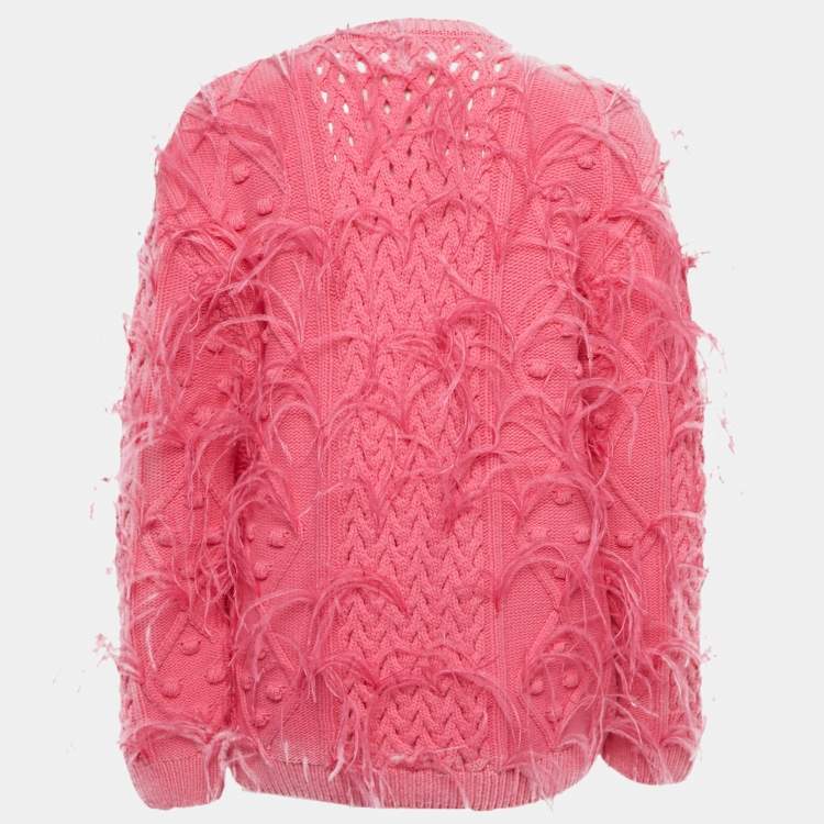 Pre Owned Valentino Pink Open Knit Wool Feather Trim Sweater M