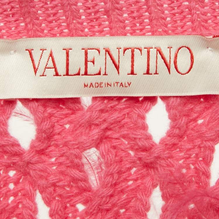 Pre Owned Valentino Pink Open Knit Wool Feather Trim Sweater M