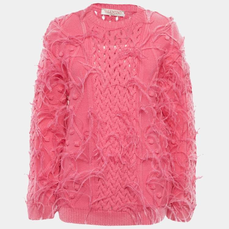 Pre Owned Valentino Pink Open Knit Wool Feather Trim Sweater M