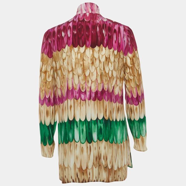مملوكة مسبقًا VALENTINO Garavani Multicolour Feather Print Silk Scarf-Neck Blouse S