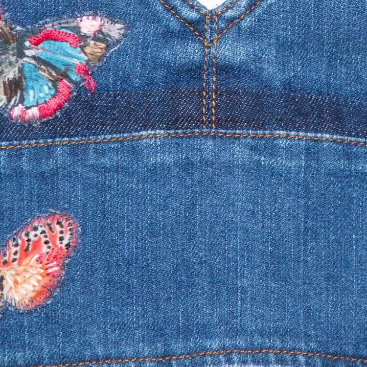 Pre Owned Valentino Navy Blue Denim Butterfly Embroidered Dungaree Crop Top M