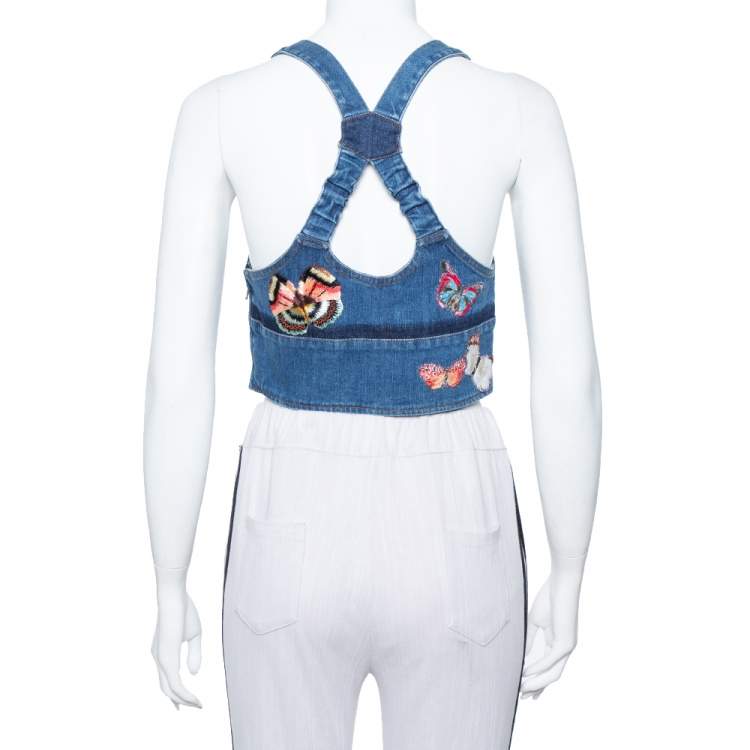 Pre Owned Valentino Navy Blue Denim Butterfly Embroidered Dungaree Crop Top M