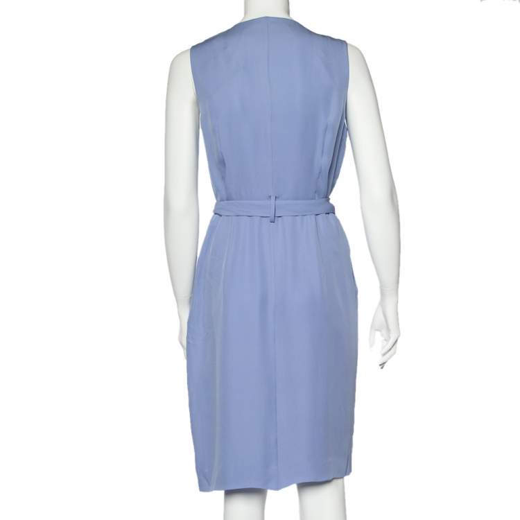 مملوكة مسبقًا Valentino Blue Silk Ruffled Neck Detail Belted Wrap Midi Dress L 