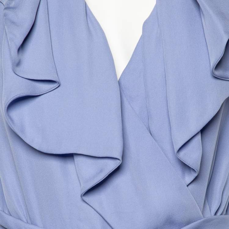 مملوكة مسبقًا Valentino Blue Silk Ruffled Neck Detail Belted Wrap Midi Dress L 