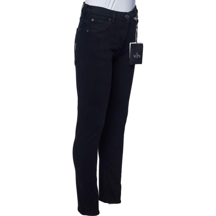 Pre Owned Valentino Black Denim VLTN Star Print Detail Slim Fit Jeans S