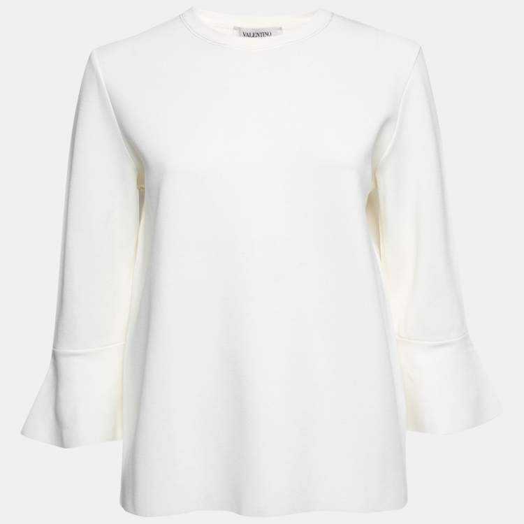Pre Owned Valentino Ivory Knit Flared Cuff Detail Round Neck Top L