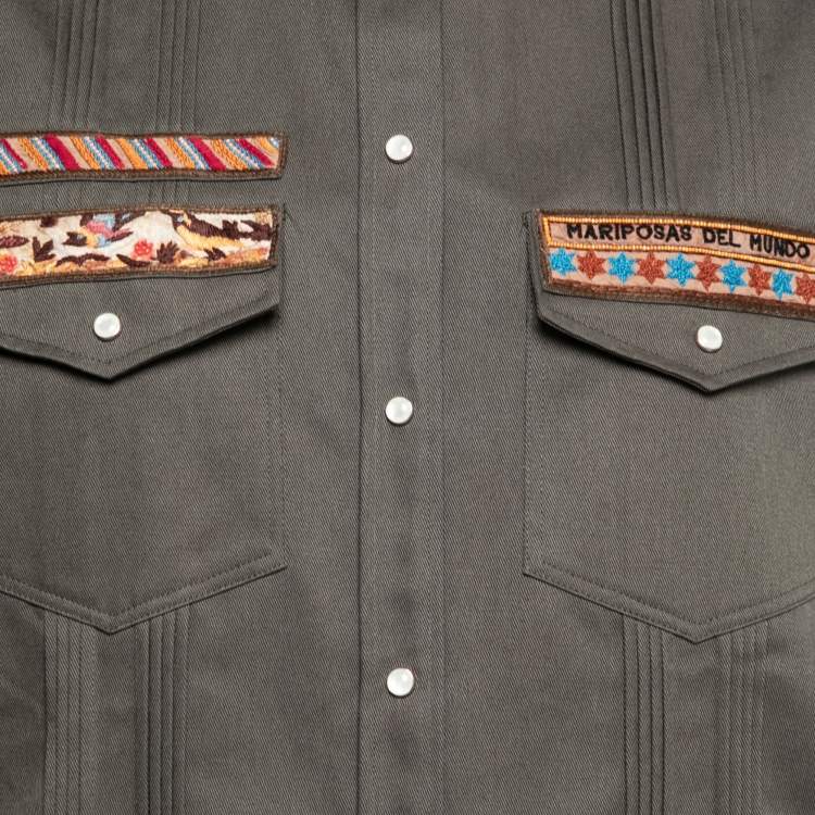 Pre Owned Valentino Olive Green Cotton Patch Detail Button Front Shirt S