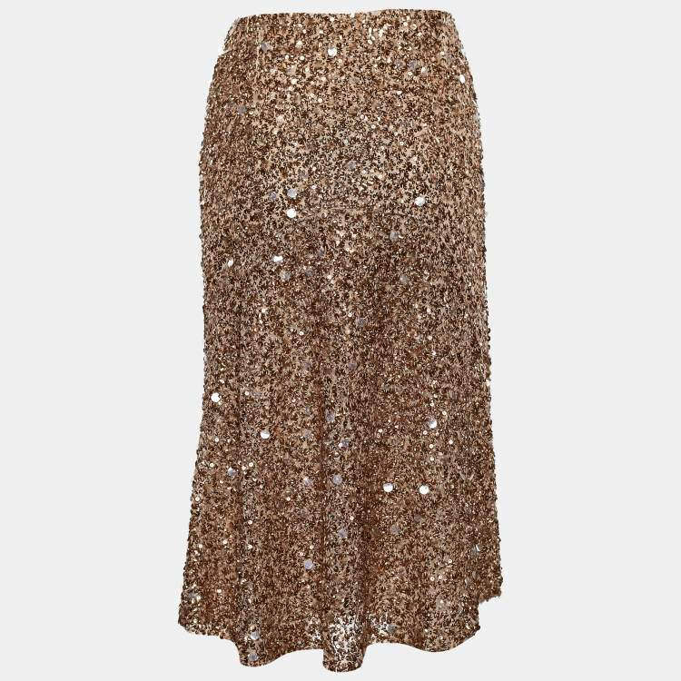 Pre Owned Valentino Metallic Gold Sequin Knee Length Skirt M